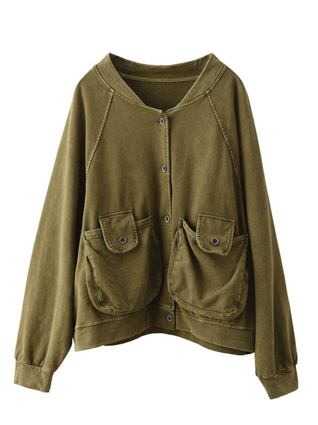 Women Retro Pure Color Stand Collar Pocket Cotton Coat AX1008 Genistyle Shop