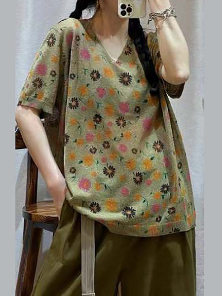 Women Casual Flower Summer V-Neck Loose Pullover Shirt QW1028 Ada Fashion