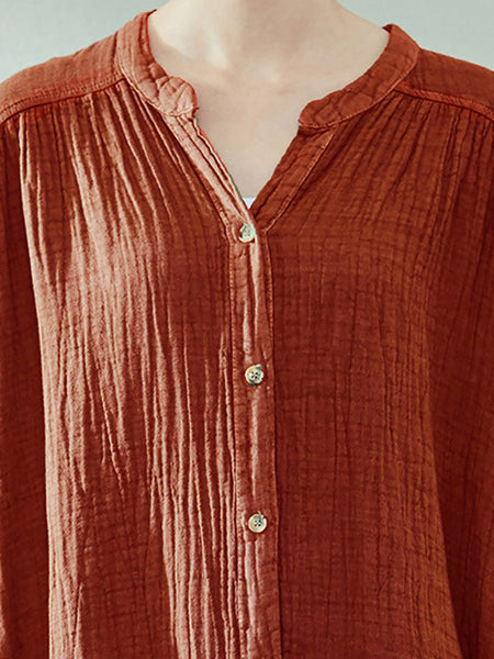 Plus Size Women Autumn Artsy Solid Button V-Neck Loose Dress AK1005 Genistyle Shop