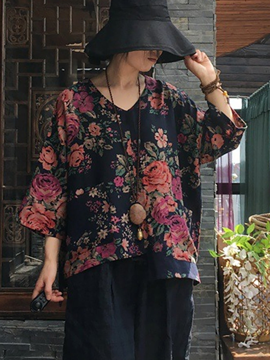 Plus Size Floral V-neck Long Sleeve Cotton Blouse Shirt OO1030 Buykud