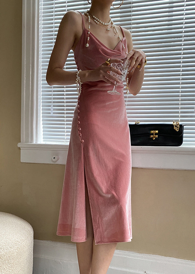 Sexy Pink Button Side Open Silk Velvet Spaghetti Strap Dress Sleeveless AF1020 HS-SDL240914