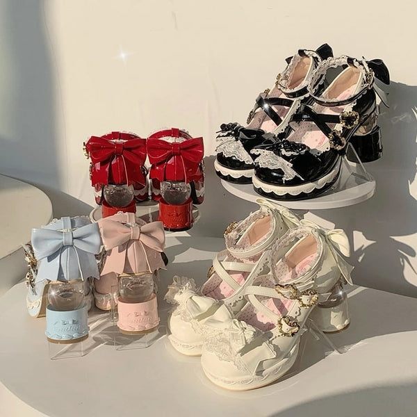 Shaped Romantic Heart Bow with Cake Sweet Mary Heel Lolita Shoes Blue in Platform Closure High-heel Jane FashionChic