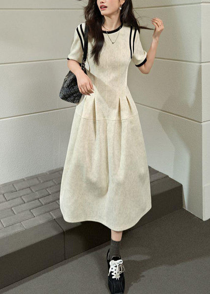 Brief O-Neck Wrinkled Maxi Grey Light Dresses Patchwork Summer FashionChic