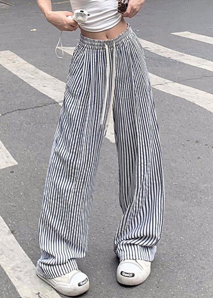 New Blue Striped Pockets Elastic Waist Cotton Pants Summer NN003 shopify