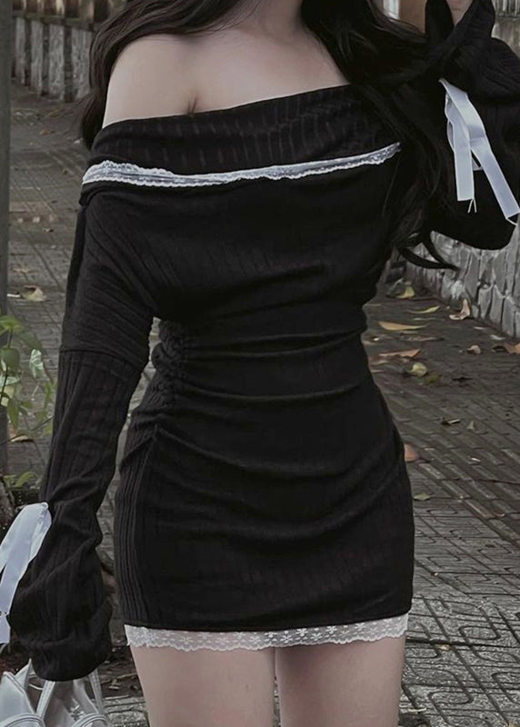 Lace Cotton Bow Dress Knitting Black Spring Neck Slim Fit Slash FashionChic