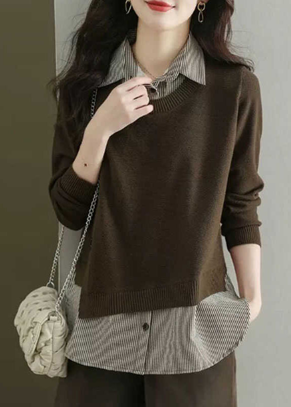 Natural Coffee Peter Pan Collar Patchwork Fake Two Pieces Wool Knit Shirt Fal WD038 OL-NTP241103