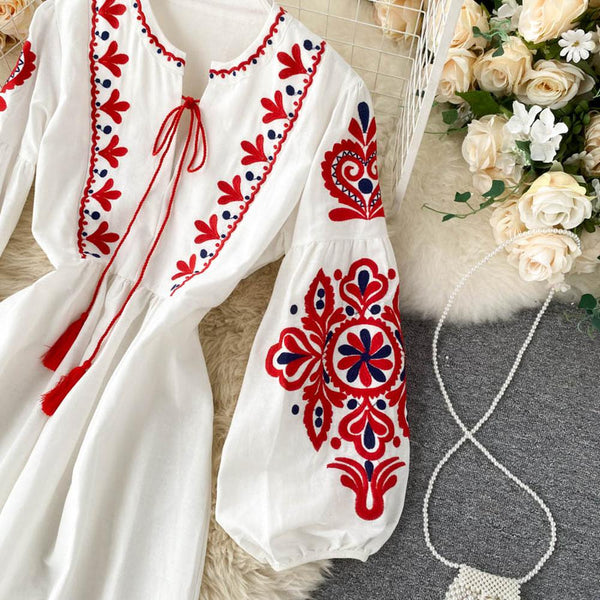 Bohemian Navy O-Neck Lacing Embroidered Flower Lantern Sleeve A-line Dress AR1011 shopify