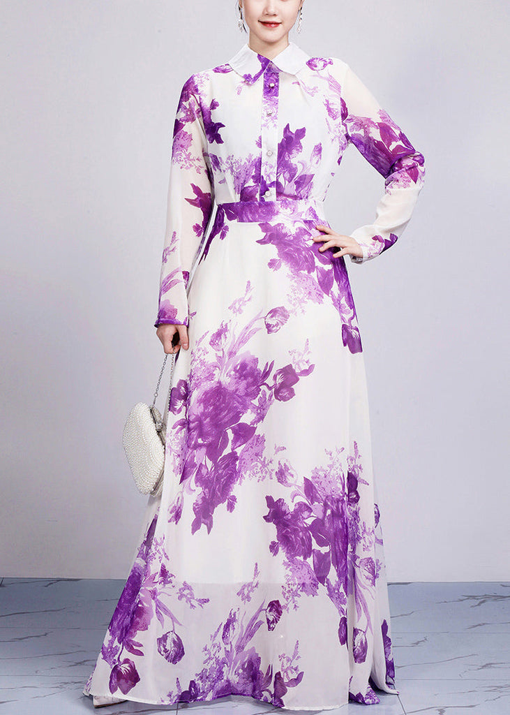 Beautiful Purple Peter Pan Collar Print Chiffon Maxi Dresses Long Sleeve AR1029 JDML-240823