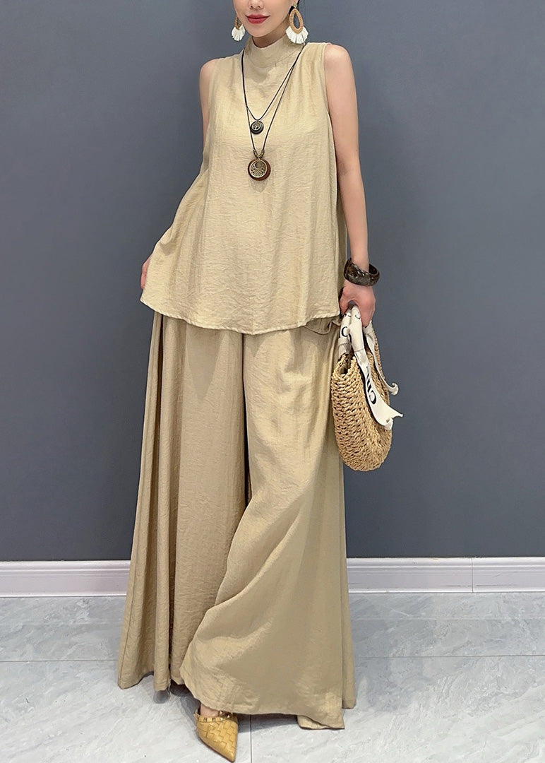 Loose Camel Tops And Wide Leg Pants Cotton Two Pieces Set Sleeveless AO1061 JDML-TPIEC240909