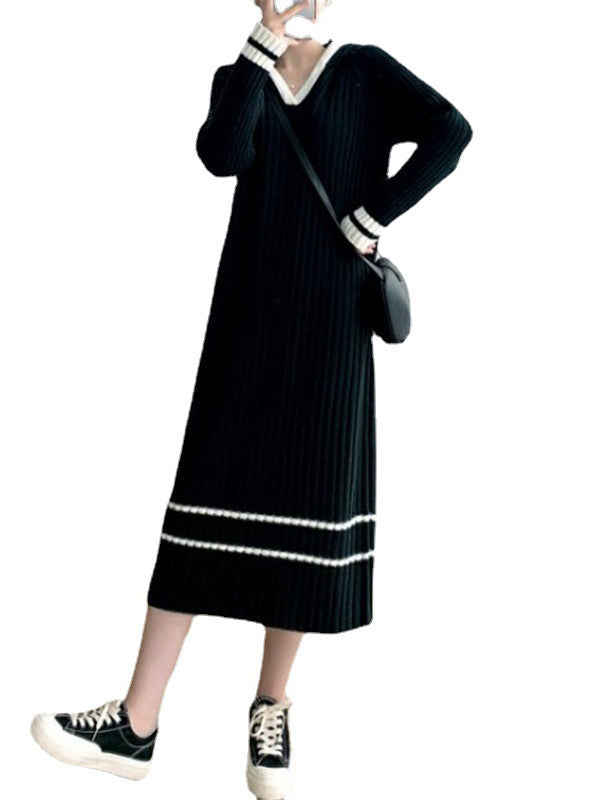 Urban Coffee Hooded V-Neck Long Sleeve Striped Knit Dress AN1051 Genistyle Shop