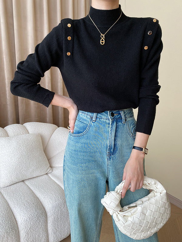 Elegant Grey High-Neck Buttoned Decor Long Sleeve Knit Sweater AN1050 Genistyle Shop