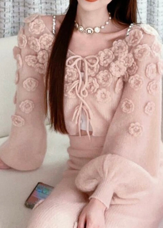 Beautiful Pink Floral Lace Up Knit Sweaters Fall RY014 ABC