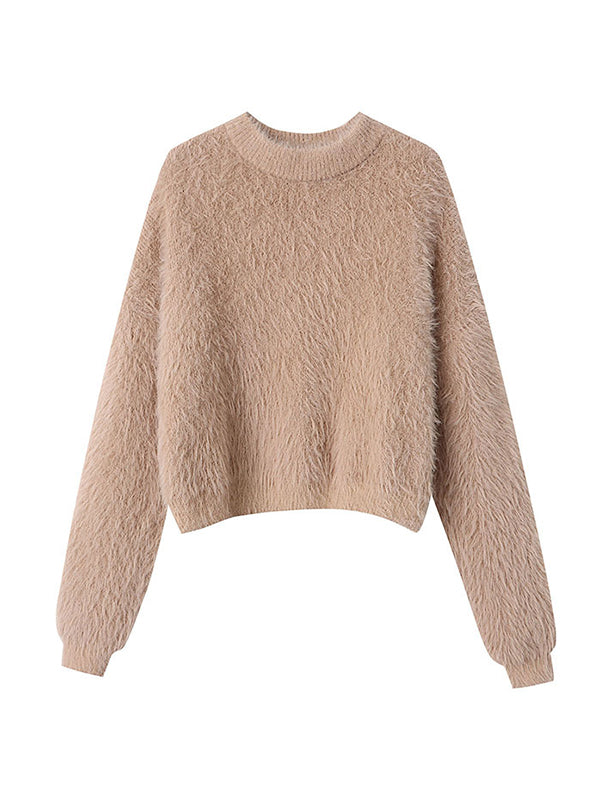 Simple Loose Coffee Round-Neck Long Sleeve Mohair Knit Top AN1062 Genistyle Shop