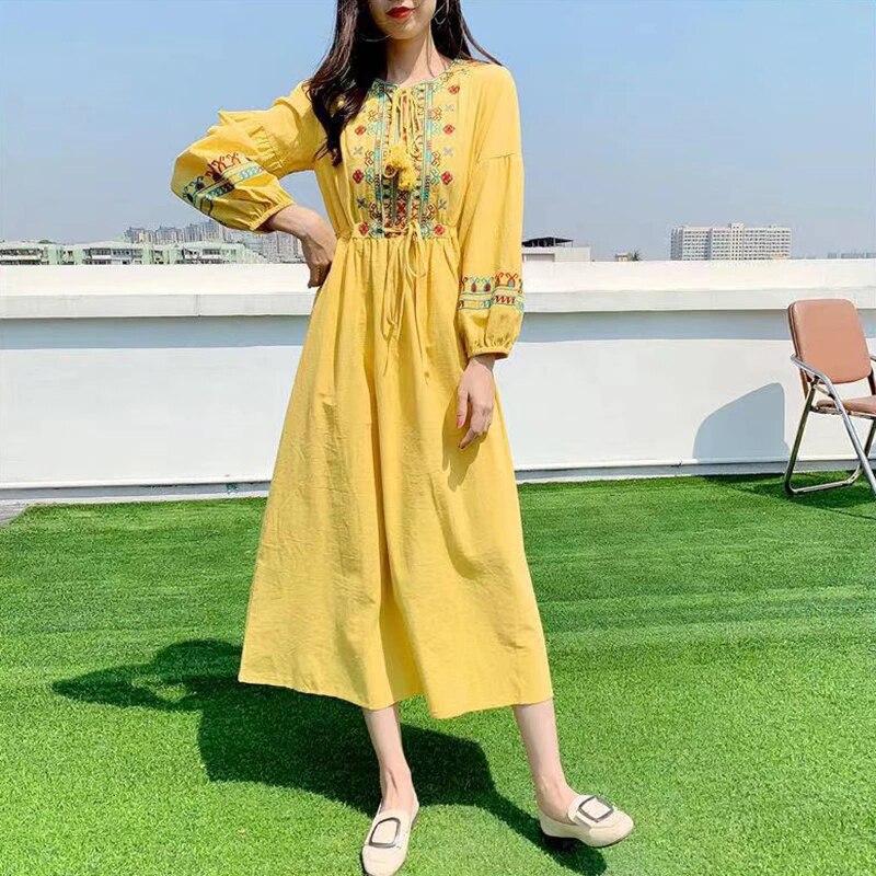 Ethnic Yellow Crew-neck Embroidery Raglan Long Puff Sleeve A-line Dress AR1006 shopify