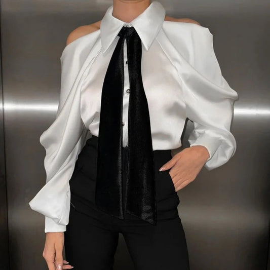 Satin Off Tie Top Sleeve Party Long Shoulder Lapel White with FashionChic