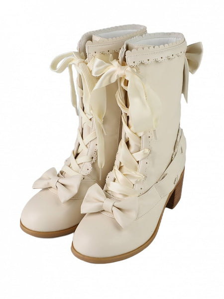 with Hem Bow Sweet Beige Mid-Heel Design in PU Leather Scalloped Matte Boots FashionChic
