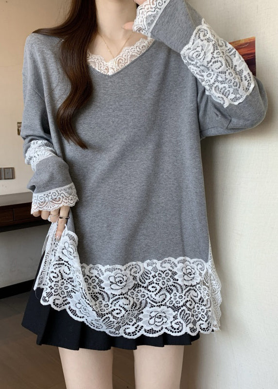 French Grey V Neck Lace Patchwork Cotton T Shirt Top Spring TW011 ABC