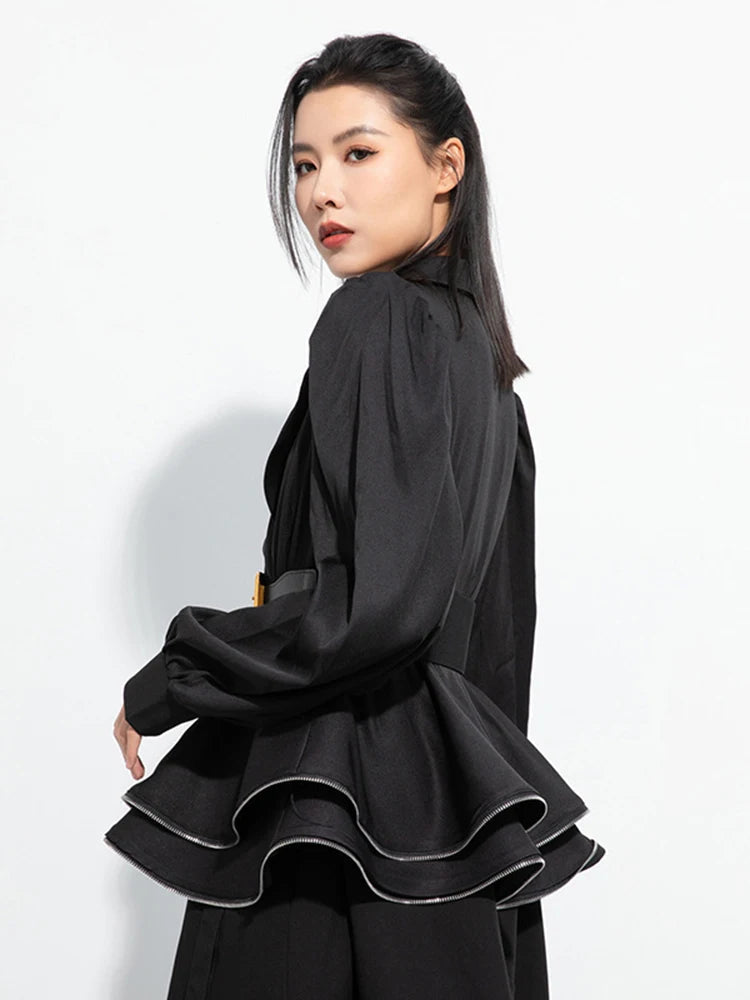 Women's Black Notched Lapel Pu Belted Ruffle Hem Long Sleeve Blazer TW024 ABC