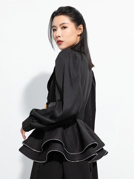 Women's Black Notched Lapel Pu Belted Ruffle Hem Long Sleeve Blazer TW024 ABC