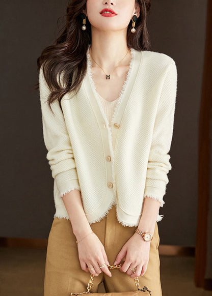 New Beige V Neck Button Solid Wool Knit Cardigan Fall RY020 ABC