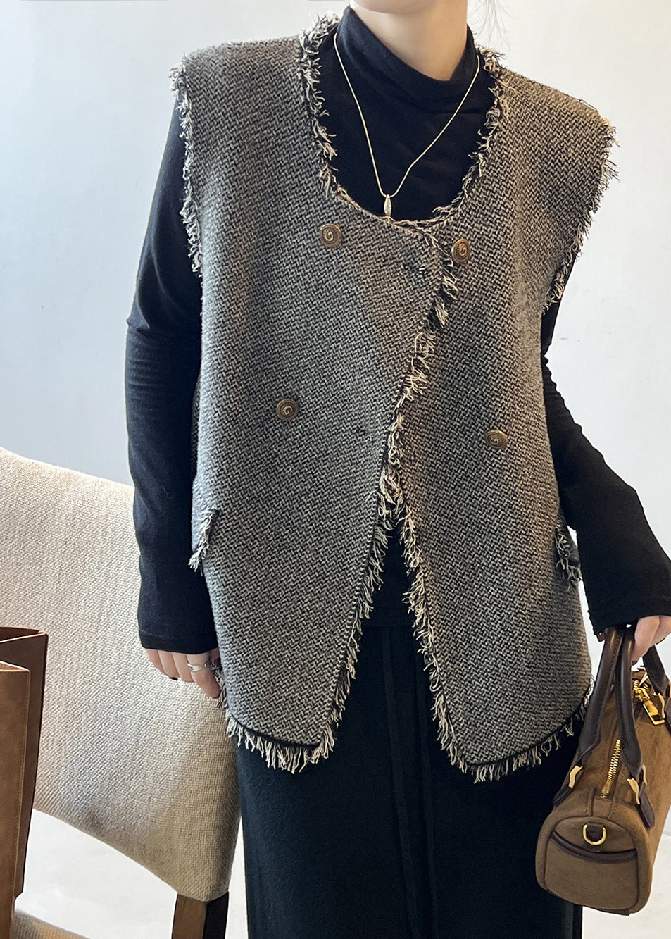 Chic Grey Tasseled Double Breast Knit Vest Sleeveless AF1053 HS-VTP240914