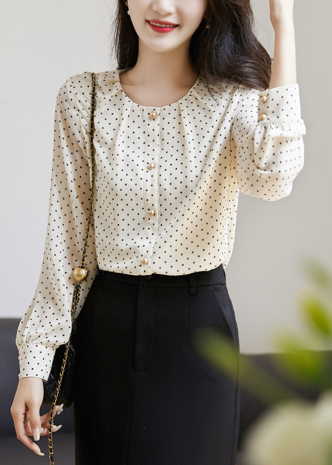 French Beige Print Wrinkled Button Shirt Fall QP012 OL-LTP241001