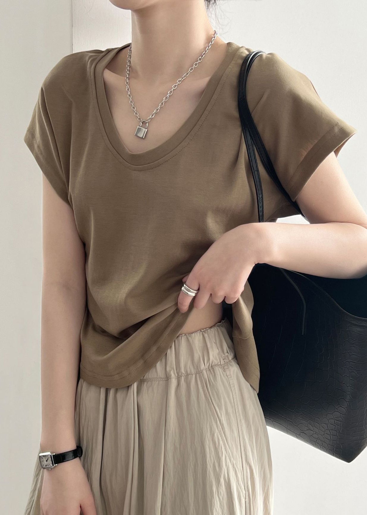 Summer Solid Simple Coffee T Neck O Shirt Cotton FashionChic