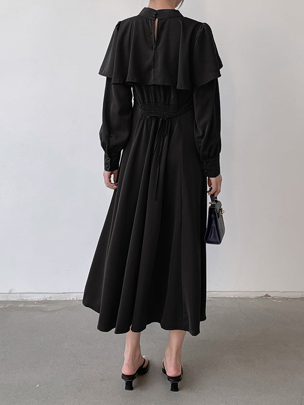 Ruffle Waist Long Mock Tied A-Line Elegant Trim Neck Coffee FashionChic