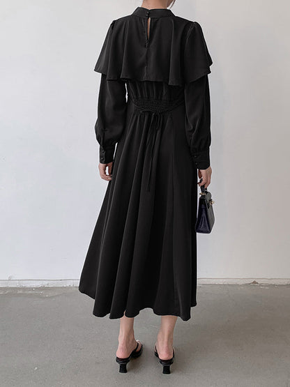 Ruffle Waist Long Mock Tied A-Line Elegant Trim Neck Coffee FashionChic