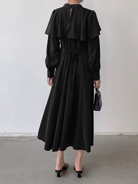 Ruffle Waist Long Mock Tied A-Line Elegant Trim Neck Coffee FashionChic