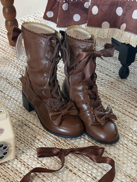 Mid-Calf Lolita Mid-heel Scalloped Brown Edge with Sweet Boots Detail Bow FashionChic