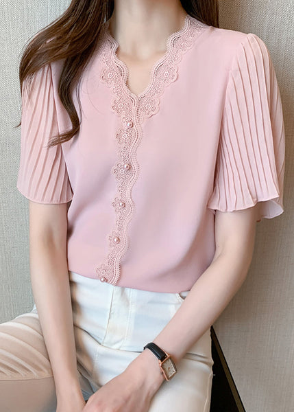 Patchwork Summer Chiffon Italian Nail Bead Shirt Top Lace Pink FashionChic