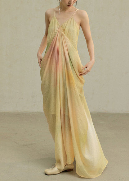 Novelty Wrinkled Dye Spaghetti Cotton Dress Tie Yellow Strap FashionChic