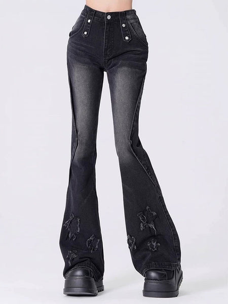 with Appliques Y2K Flare Blue/Black Jeans Star Silhouette FashionChic
