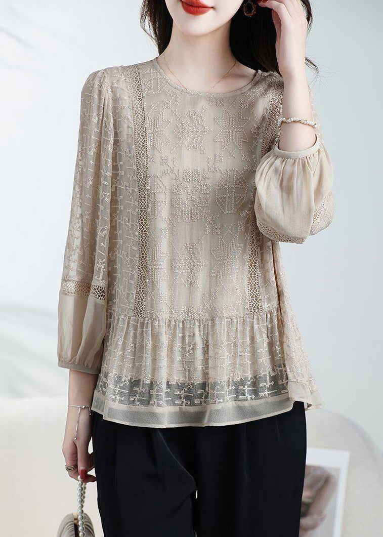 Loose Coffee O-Neck Embroidered Patchwork Silk Top Bracelet Sleeve WD025 OL-LTP241103