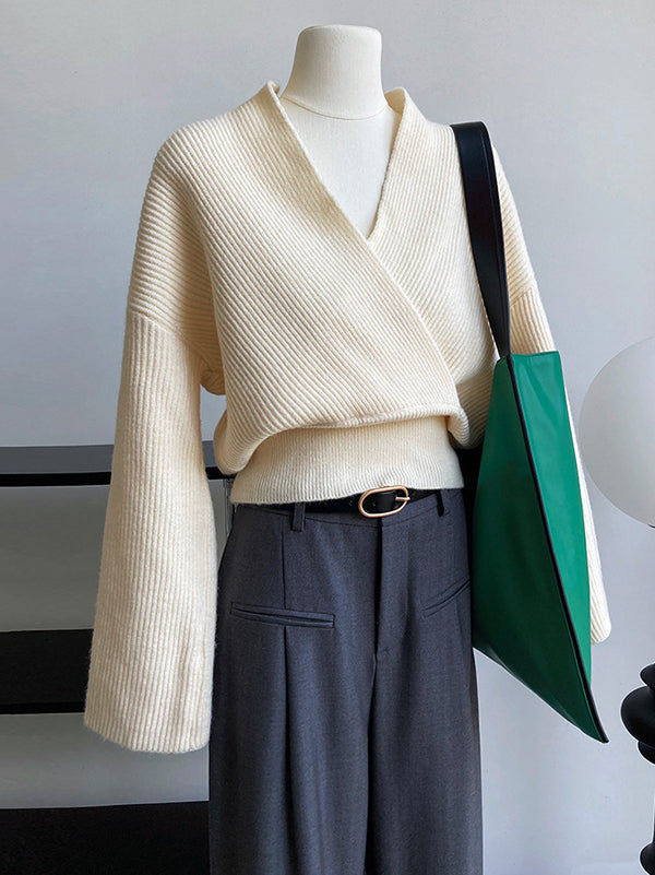 French Grey Cross V-Neck Long Sleeve Sweater QX012 shopify