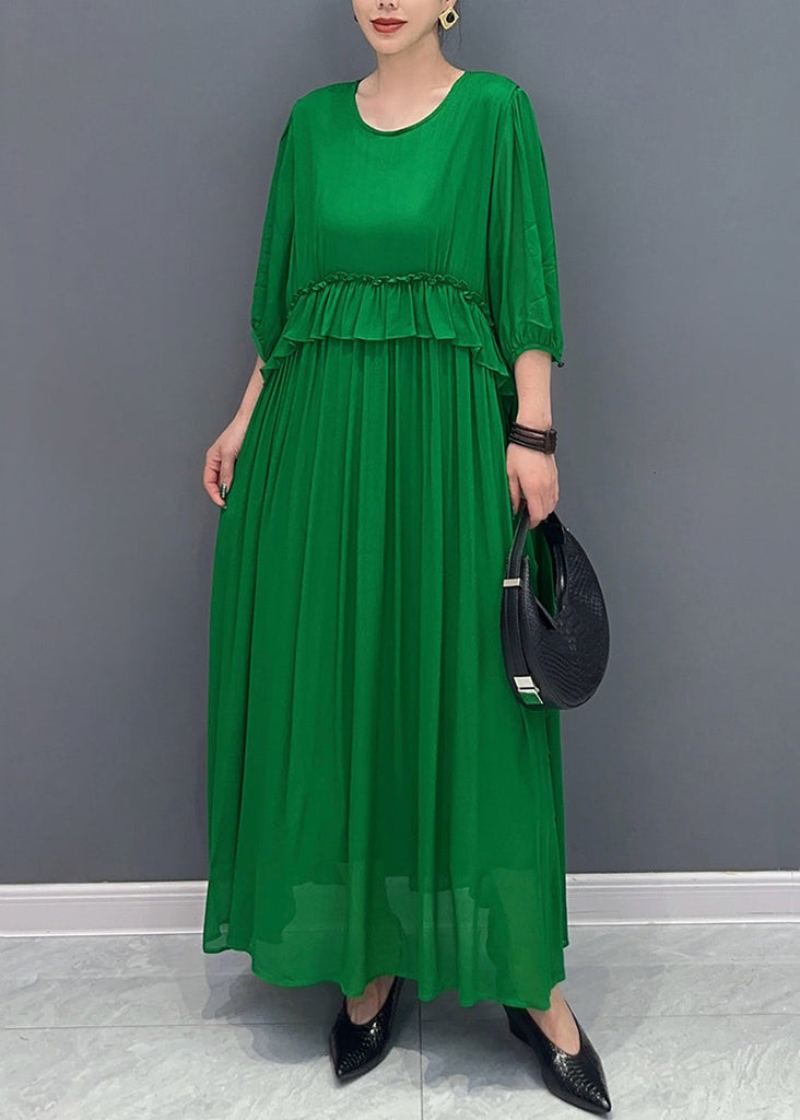 Handmade Green O-Neck Ruffled Wrinkled Vacation Chiffon Maxi Dresses Lantern Sleeve AO1027 JDML-FDL240909