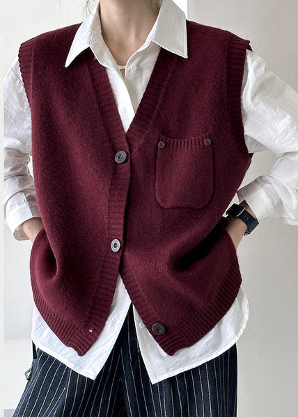 Wine Red Pockets Cozy Knit Waistcoat V Neck Fall AF1022 HS-NCT240914