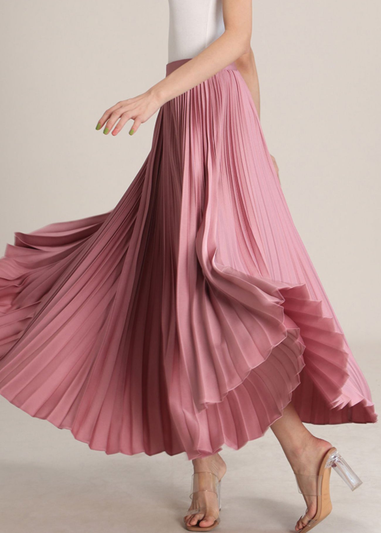 Pink Solid High Waist Silk Pleated Skirt Zippered RV014 ABC