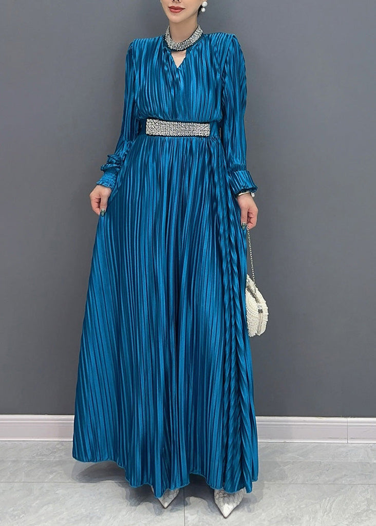 Elegant Blue V Neck Wrinkled Maxi Dress Long Sleeve AO1037 JDML-FDL240909