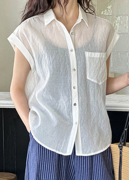 White Pockets Silk Cotton Blouses Peter Pan Collar Short Sleeve AF1003 HS-STP240914