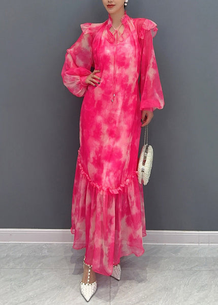 Style Red Stand Collar Ruffled Print Chiffon Maxi Dress Long Sleeve AO1025 JDML-FDL240909