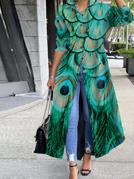 Elegant Floral Print Tunic - Long Sleeve Button Front Top, Durable & Stretch Fabric, Perfect for Any Season Furdela