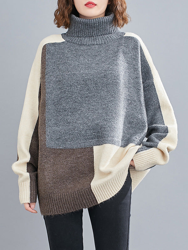 Stylish Grey High-Neck Color-block Long Sleeve Knit Sweater AN1043 Genistyle Shop