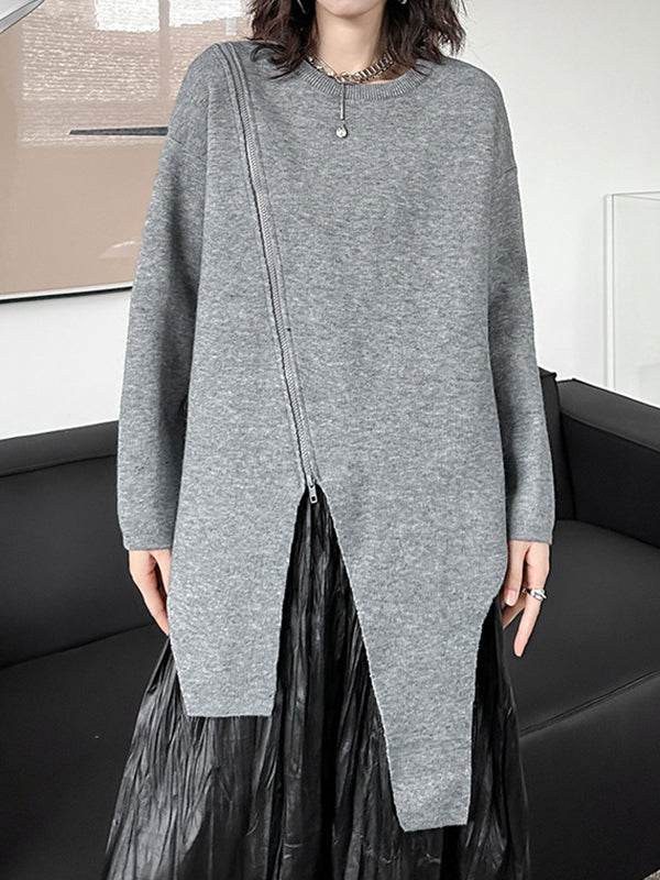 Street Grey Round-neck Zipper Decor Irregular High-low Hem Long Sleeve Sweater AN1067 Genistyle Shop