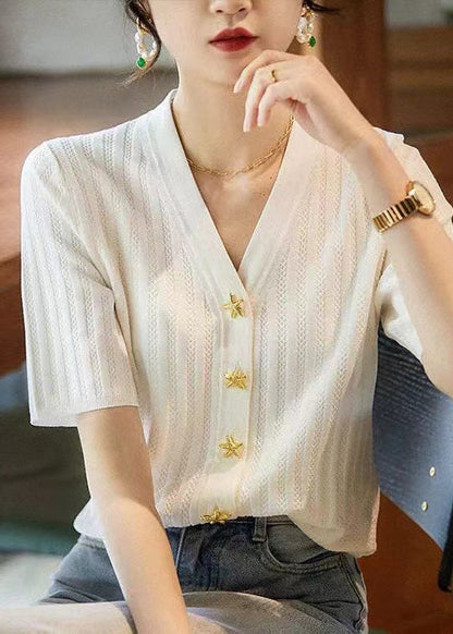 Neck Shirt Summer Knit Silm Black V Fit Style FashionChic