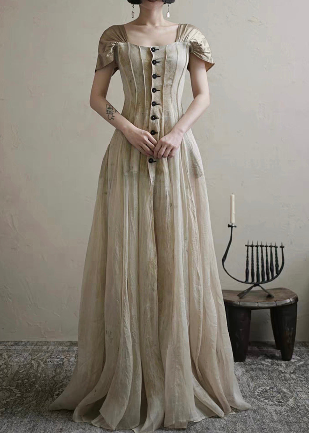 Square Button Collar Summer Vintage Long Dress FashionChic