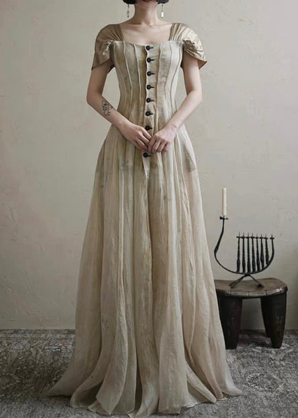 Square Button Collar Summer Vintage Long Dress FashionChic