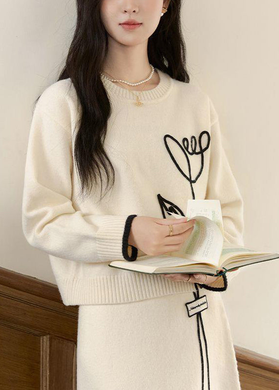 Stylish Beige O Neck Sweaters And Skirts Knit Two Pieces Set Winter WV012 ABC