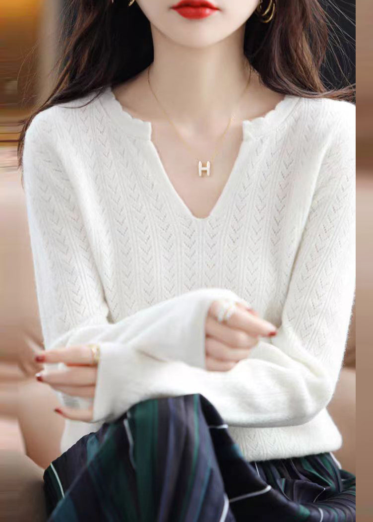 Simple White V Neck Ruffled Cotton Knit Sweaters Fall QP019 OL-NTP241001